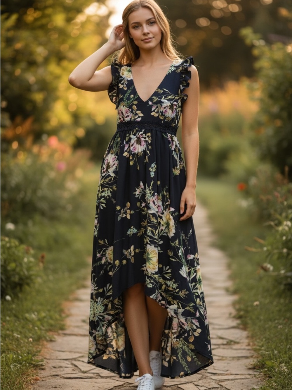 Floral V-Neck High-Low Maxi Dress Lace Detail Open Back Diamond Shape Sexy
